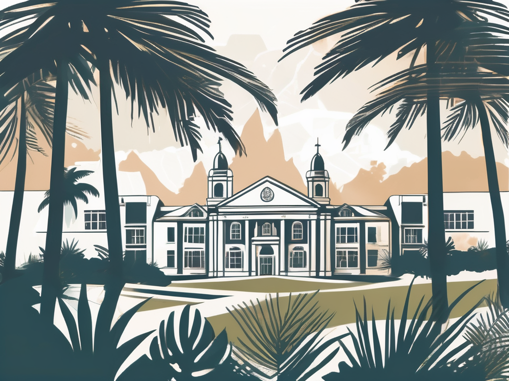 A tropical bermuda landscape with the silhouette of several prestigious international school buildings in the background and symbols representing teaching and secrets