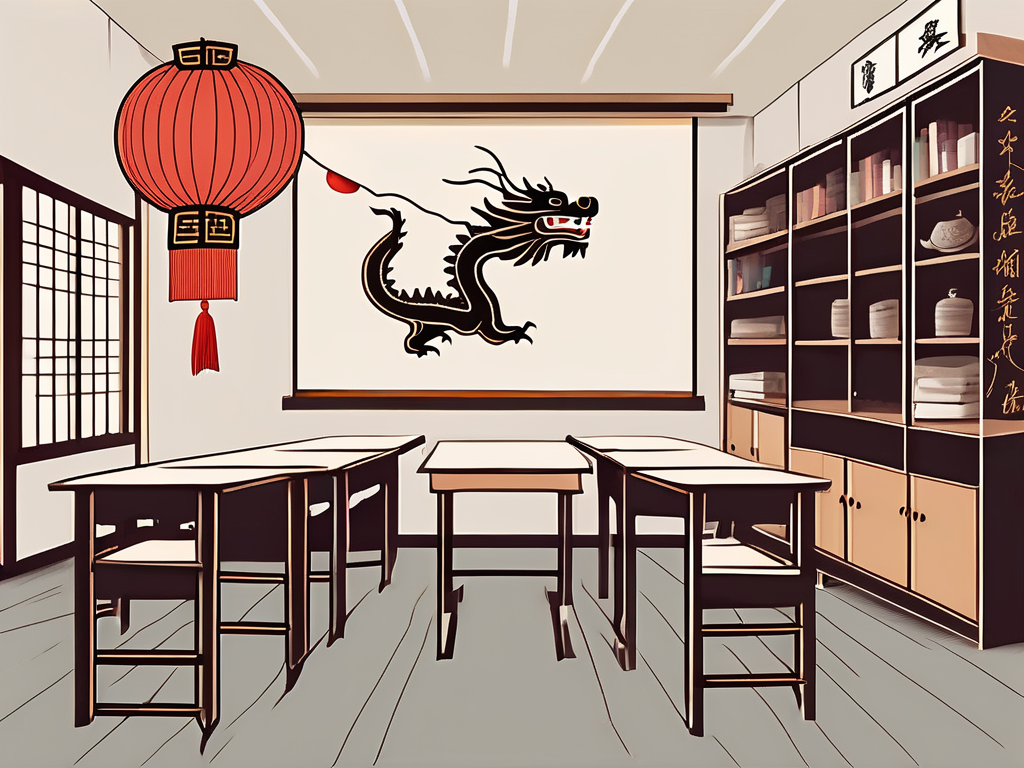 A classroom with an empty teacher's desk