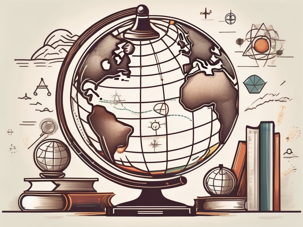 A globe with various iconic educational symbols (like graduation cap