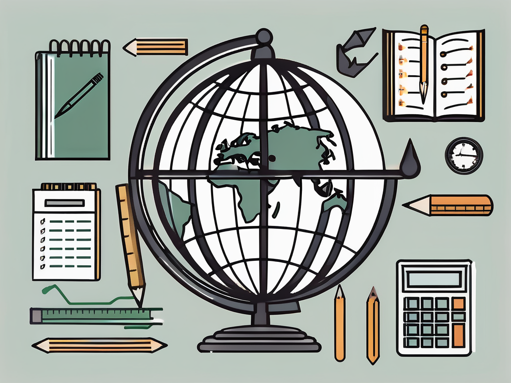 A globe surrounded by various educational tools like a ruler