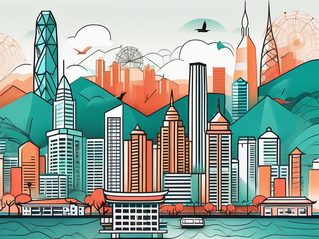 A vibrant hong kong skyline with iconic educational institutions and landmarks