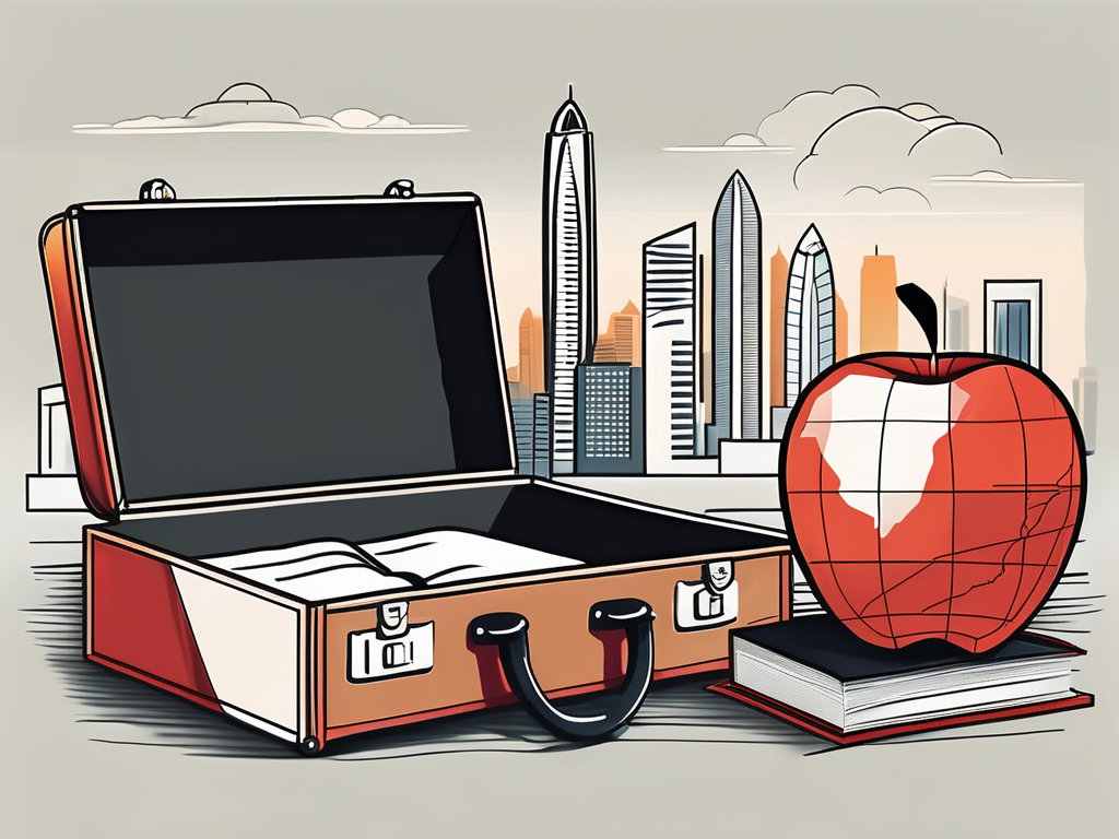 An open suitcase revealing iconic symbols of teaching like an apple