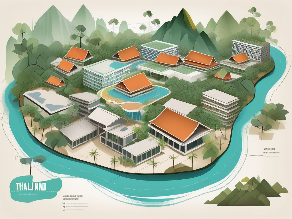 A variety of international school buildings scattered across a map of thailand