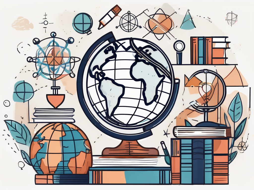A globe surrounded by various educational symbols such as books