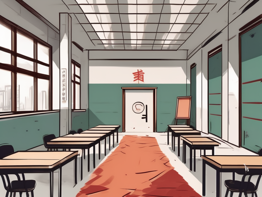A classroom setting in china with visible obstacles like a locked door