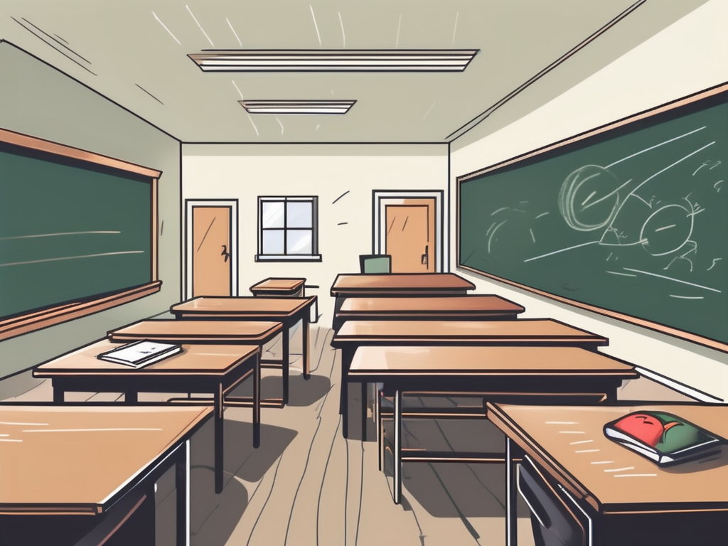 A classroom with empty desks and a chalkboard