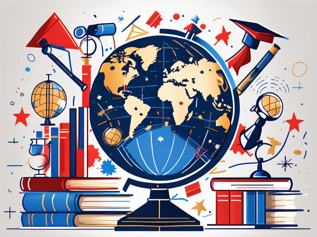 A globe with various iconic educational symbols like books