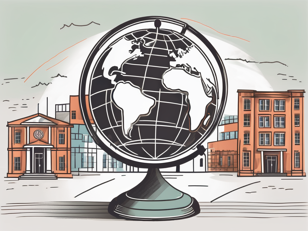 A globe with different school buildings placed on various countries