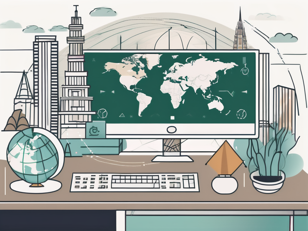 A computer displaying an online classroom interface with various international landmarks in the background