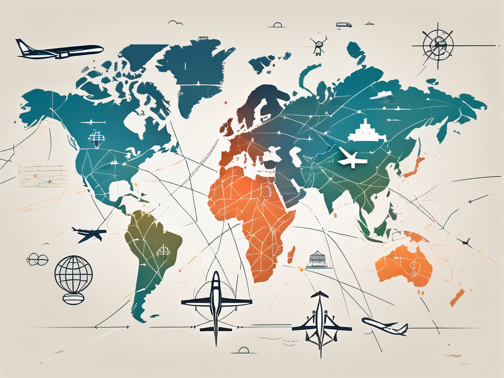 A global map highlighting popular school destinations with symbols of academic buildings and airplanes connecting different countries