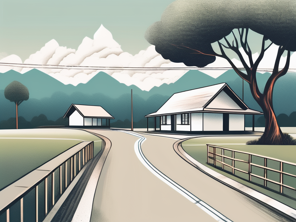 A schoolhouse with a road leading up to it