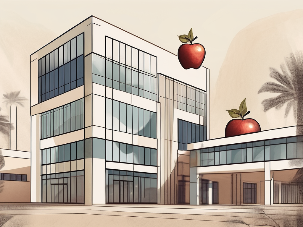 A few prominent international school buildings in saudi arabia with a teacher's apple placed prominently in the foreground