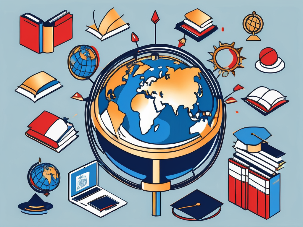 A globe with symbolic icons of various educational tools such as books