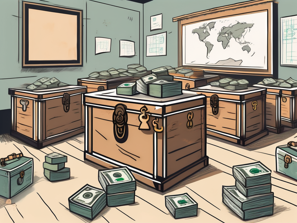 A traditional hong kong classroom setting with a key unlocking a treasure chest filled with symbols of knowledge and money