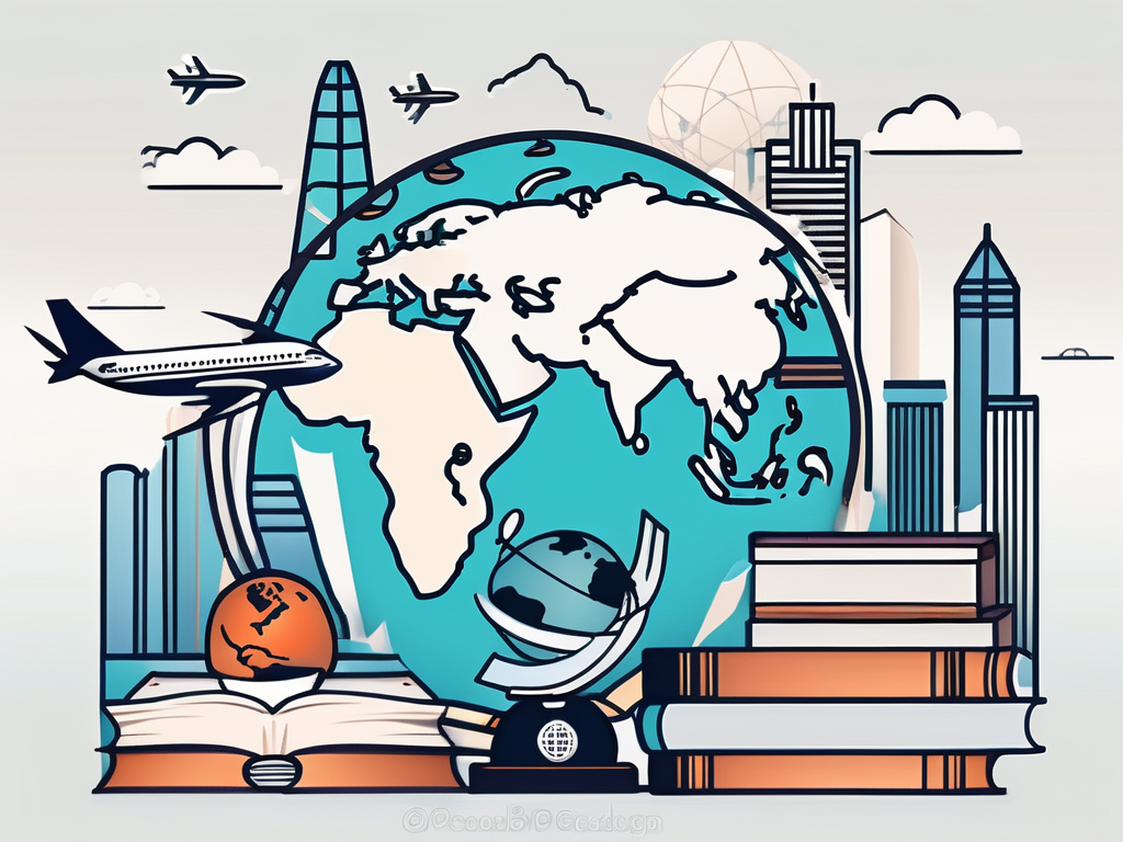 The hong kong skyline with various educational symbols like books