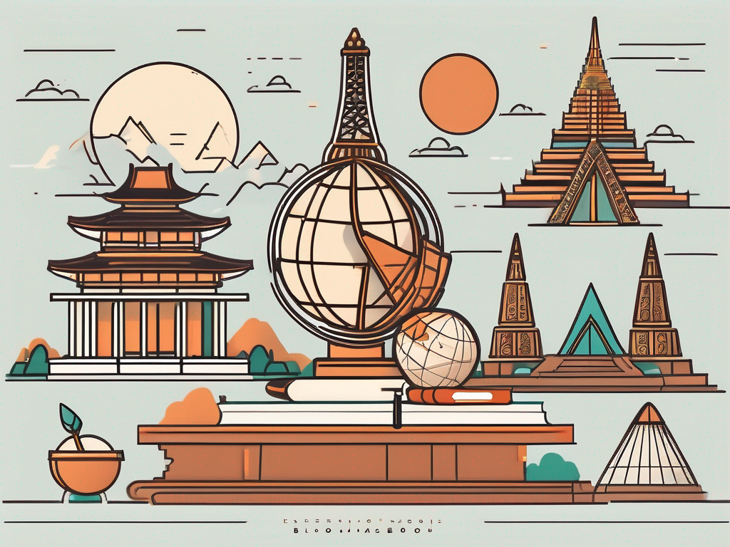 A classroom setting with various international symbols