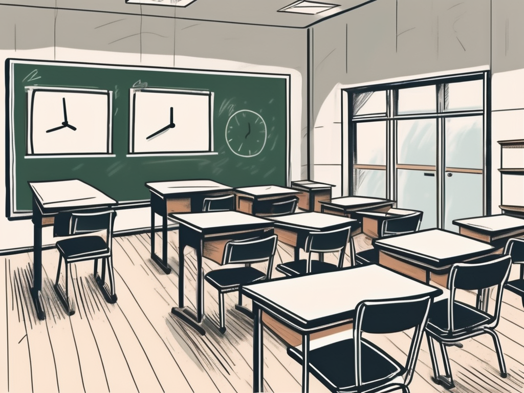 A classroom with empty desks and chairs