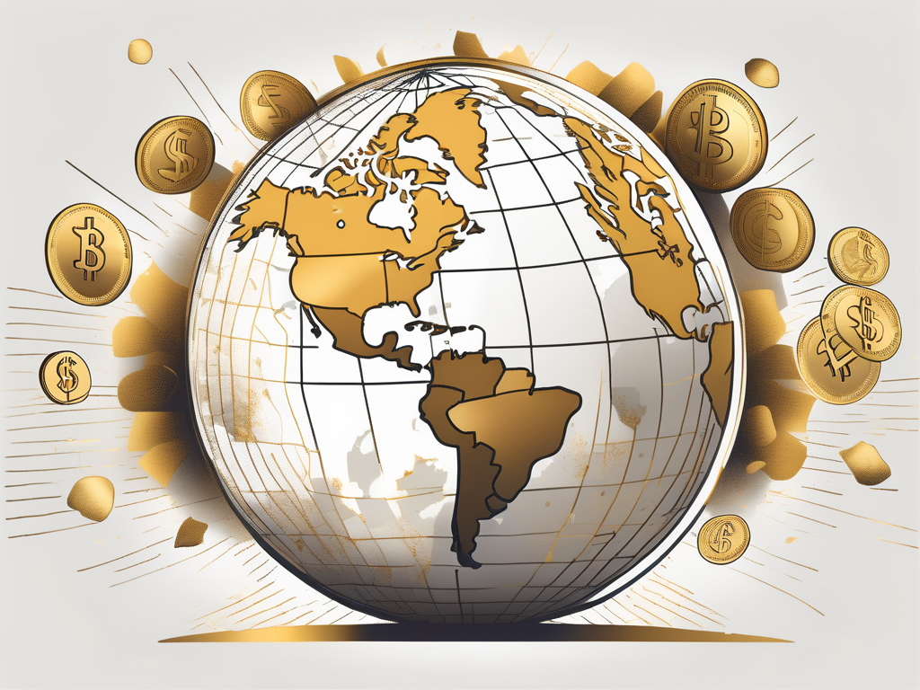 A globe with various currencies symbolically floating above different countries