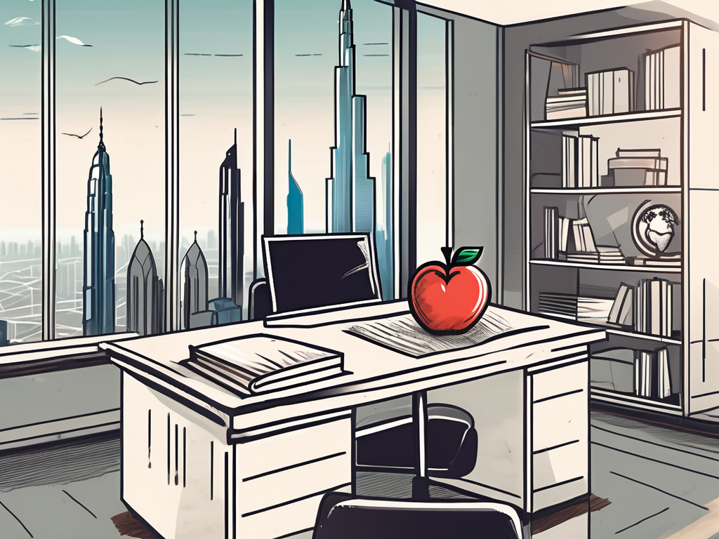 A classroom setting with a teacher's desk adorned with an apple