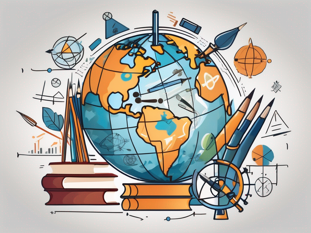 A globe surrounded by various educational symbols like books