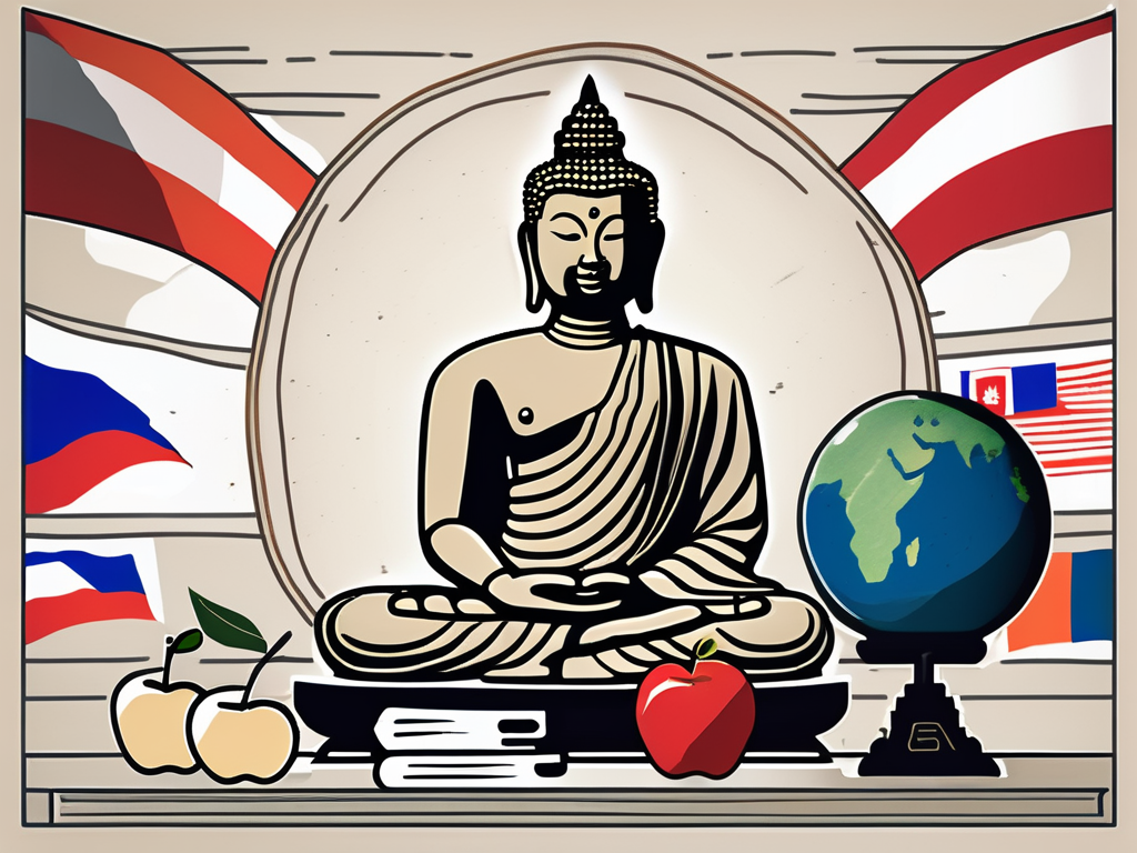 A classroom setting with typical thai elements and symbols