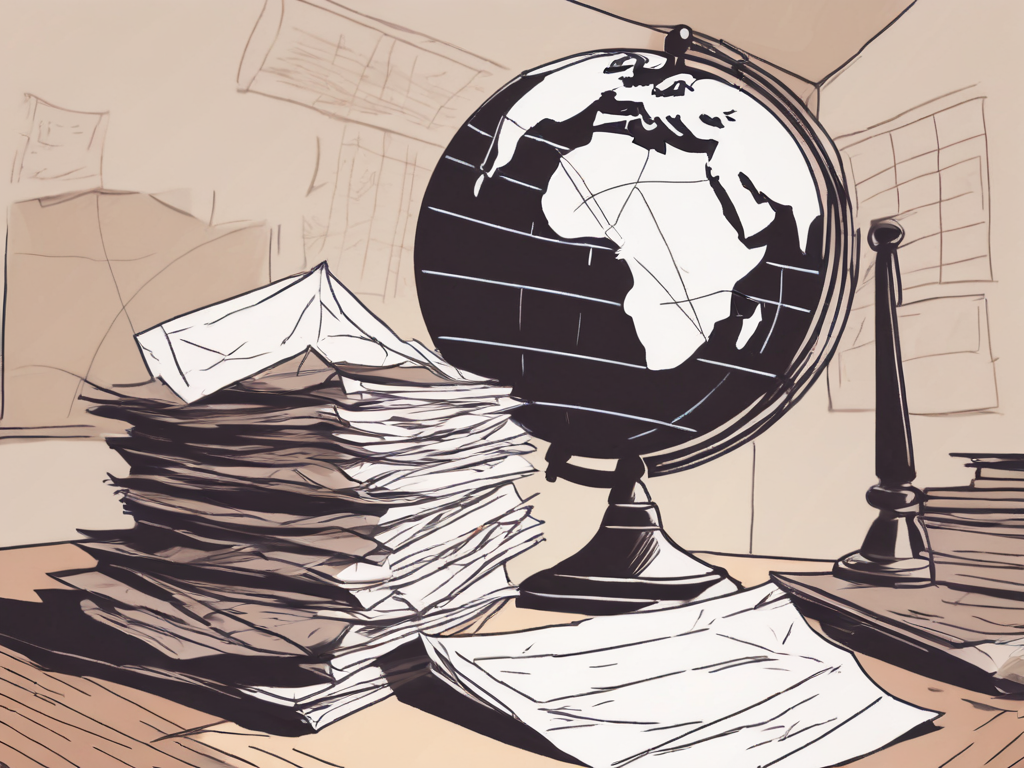 A pile of papers on a desk with a globe in the background