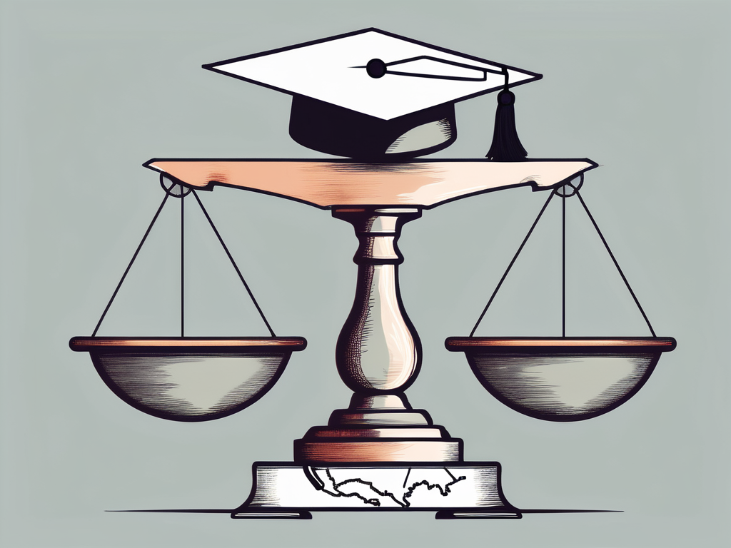 A balanced scale with a graduation cap on one side representing education