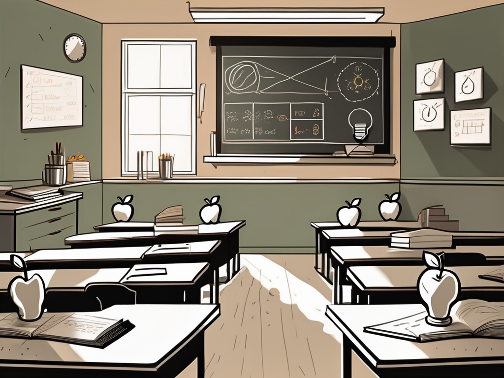 A classroom setting with an empty teacher's desk at the front