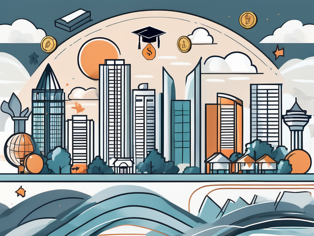 A singaporean skyline with various educational symbols like books