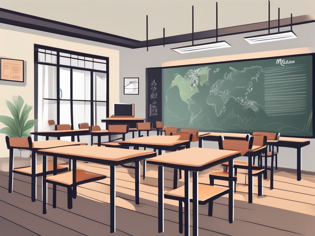 A classroom setting with desks and chairs