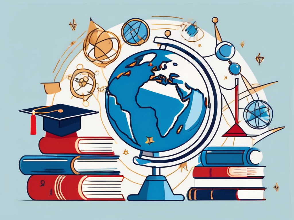 A globe with various iconic educational symbols from around the world