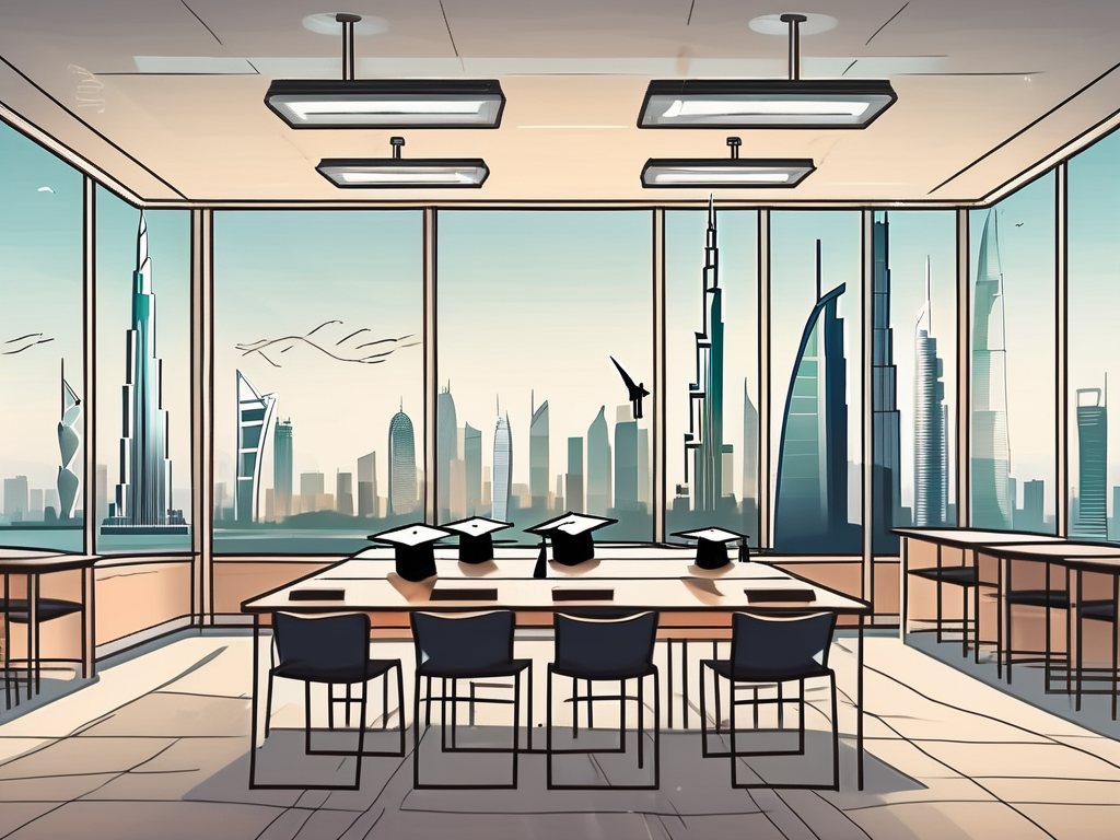 A classroom setting with a view of the iconic dubai skyline in the background