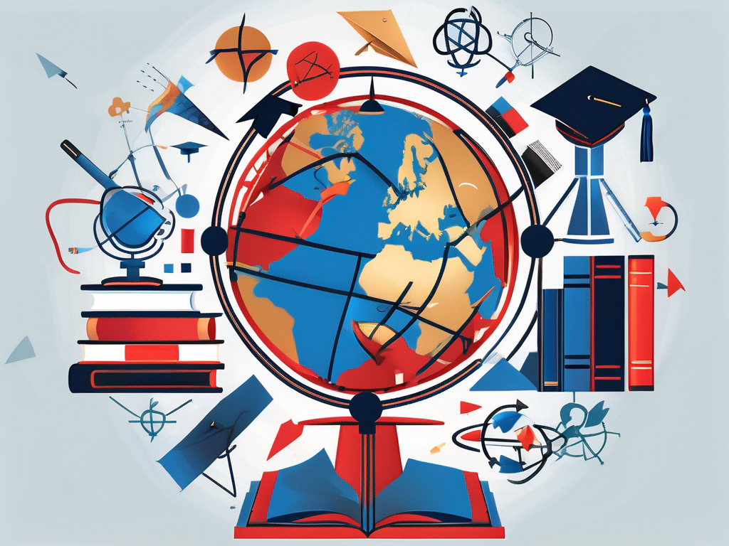 A globe surrounded by various educational symbols like books