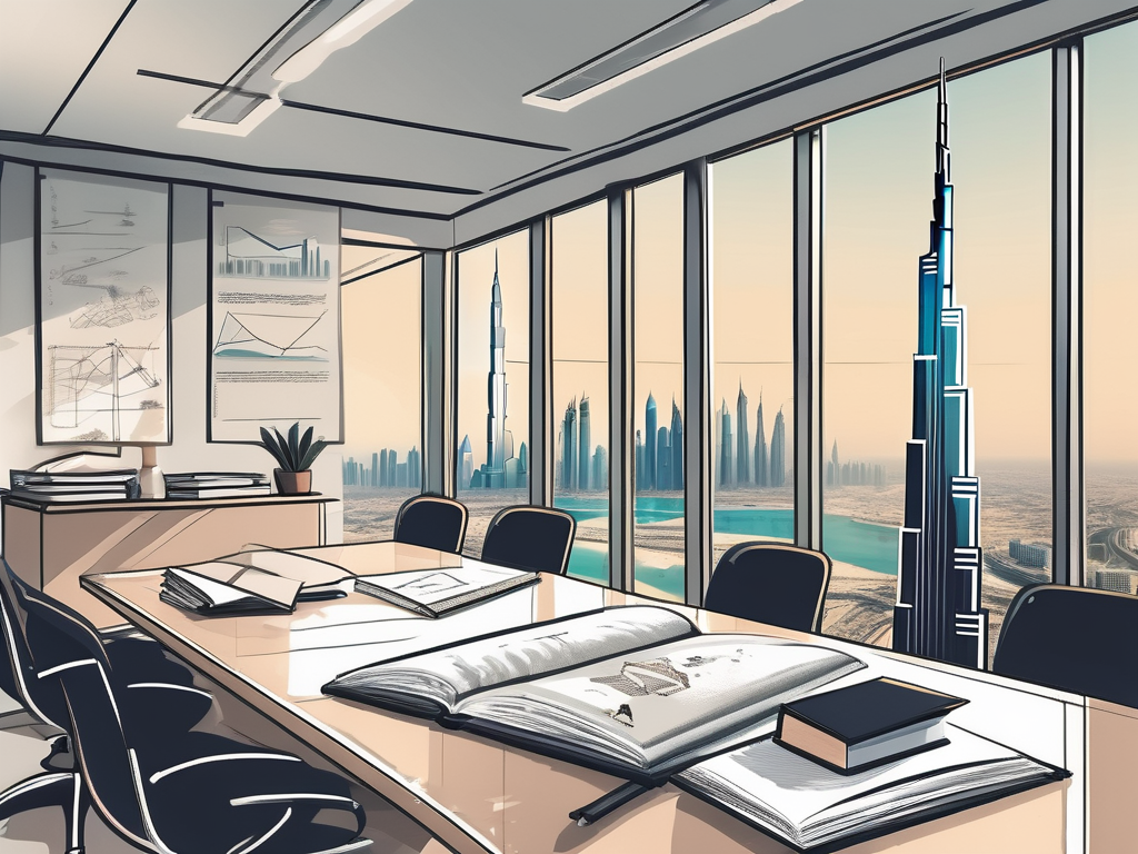 A classroom setting with a view of dubai's iconic skyline in the background