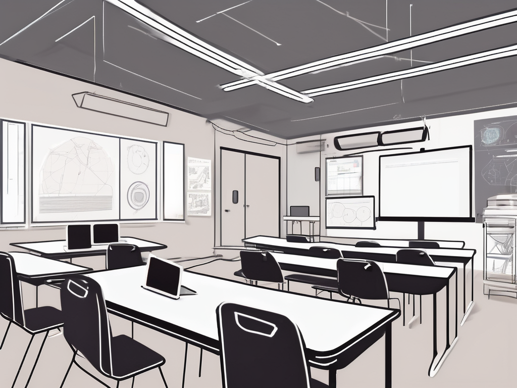 A modern classroom in singapore showcasing four different types of technology such as a smartboard