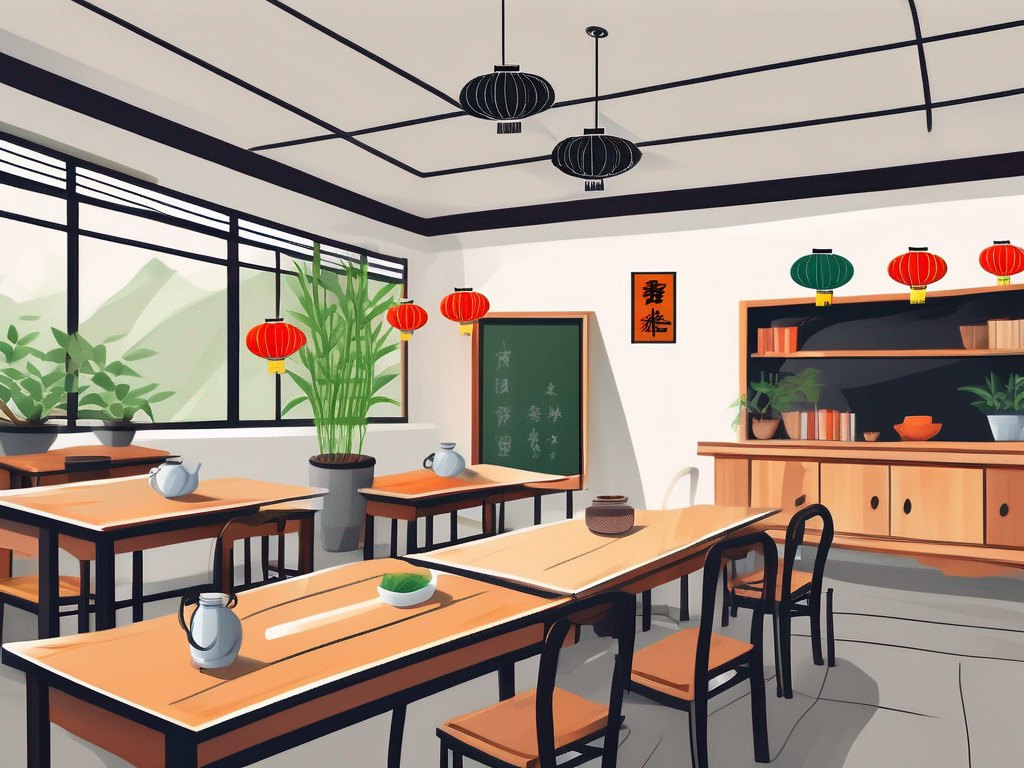 A classroom filled with chinese cultural elements such as lanterns