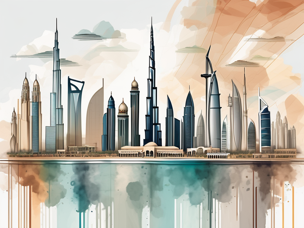 The dubai skyline with iconic landmarks subtly transformed into art tools like paintbrushes