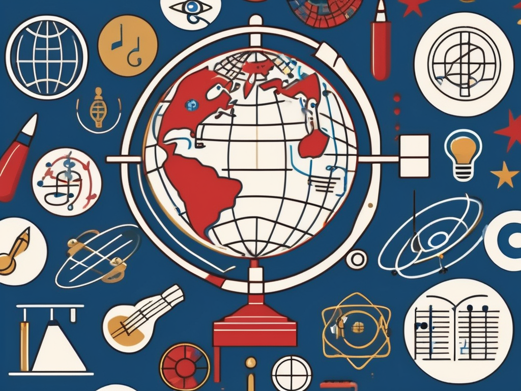 A globe surrounded by various symbols of education such as a microscope