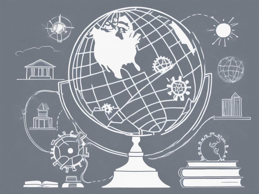 A globe with various symbols representing different professional skills (like a book for knowledge