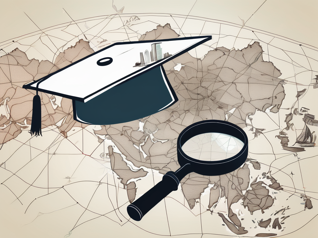 A graduation cap resting on a map of hong kong with a magnifying glass highlighting various educational symbols