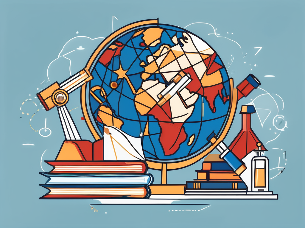 A globe with various educational icons like books