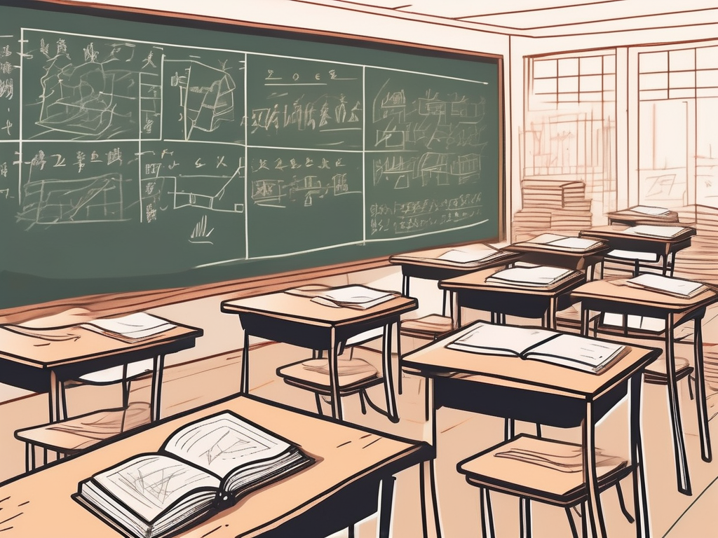A classroom with empty desks and chairs