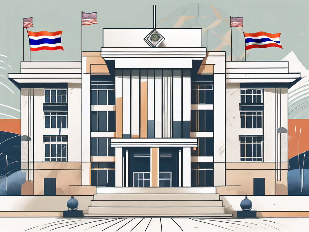A school building with thai architectural elements surrounded by international flags and educational symbols like books and a globe