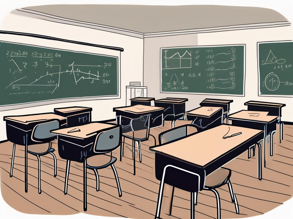 A classroom with empty desks and chairs