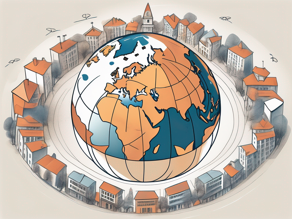 A globe with various educational icons like books