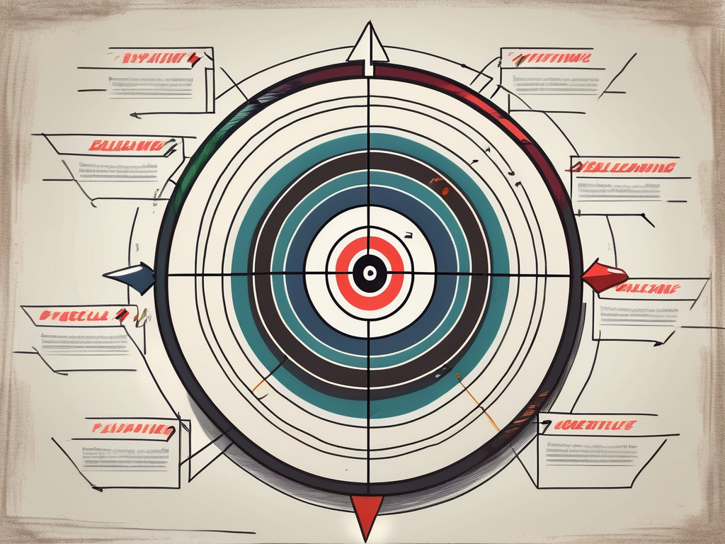A target board with seven different colored arrows hitting the bullseye