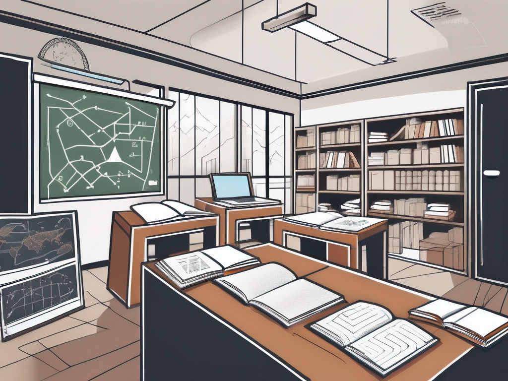 A classroom setting with environmental elements like trees and wind turbines