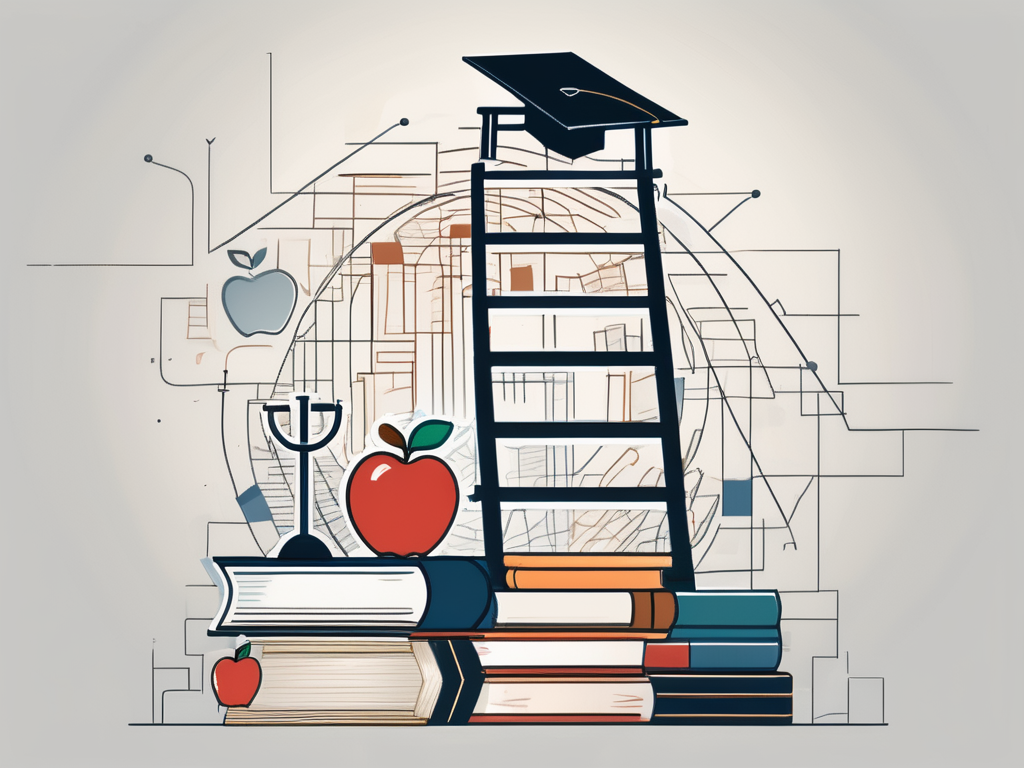 A globe surrounded by various educational symbols like books