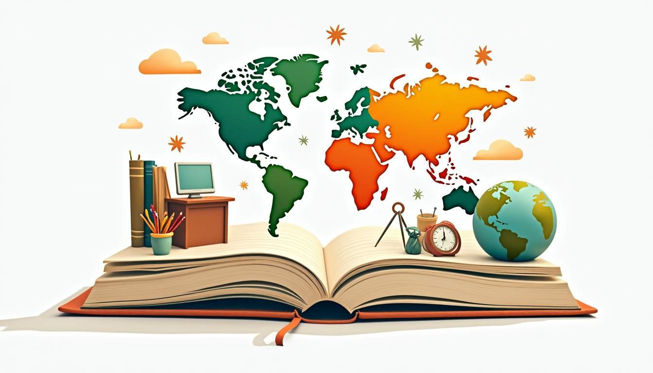 An open book with vibrant illustrations of a classroom on one side and a world map on the other
