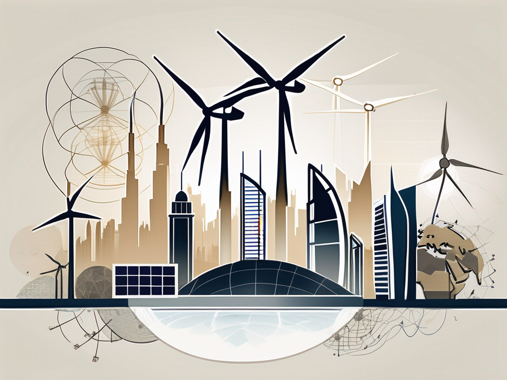 The dubai skyline with environmental elements such as wind turbines and solar panels